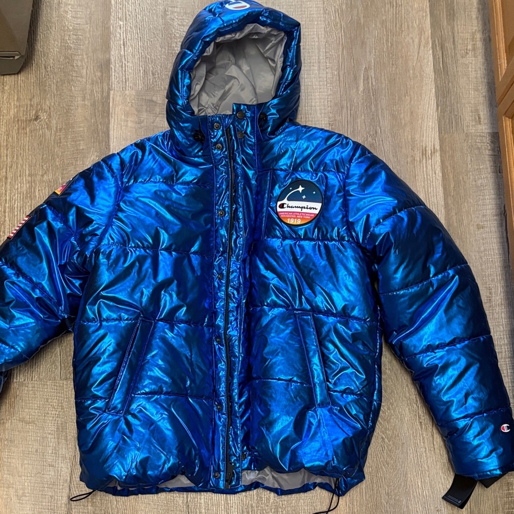 Champion Mens Metallic Royal Blue Hooded Puffer Jacket